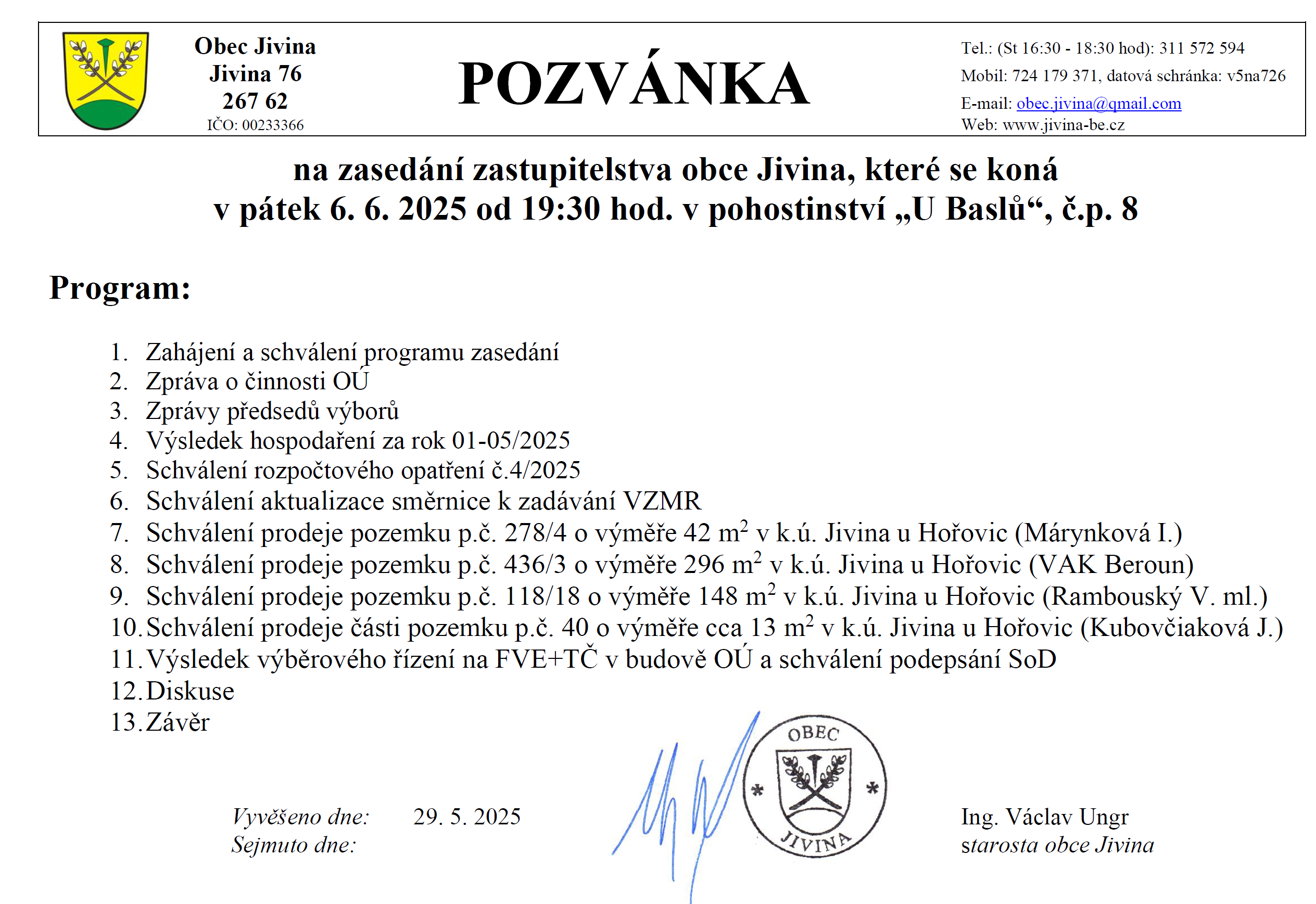 Pozvánka na zasedání zastupitelstva obce Jivina